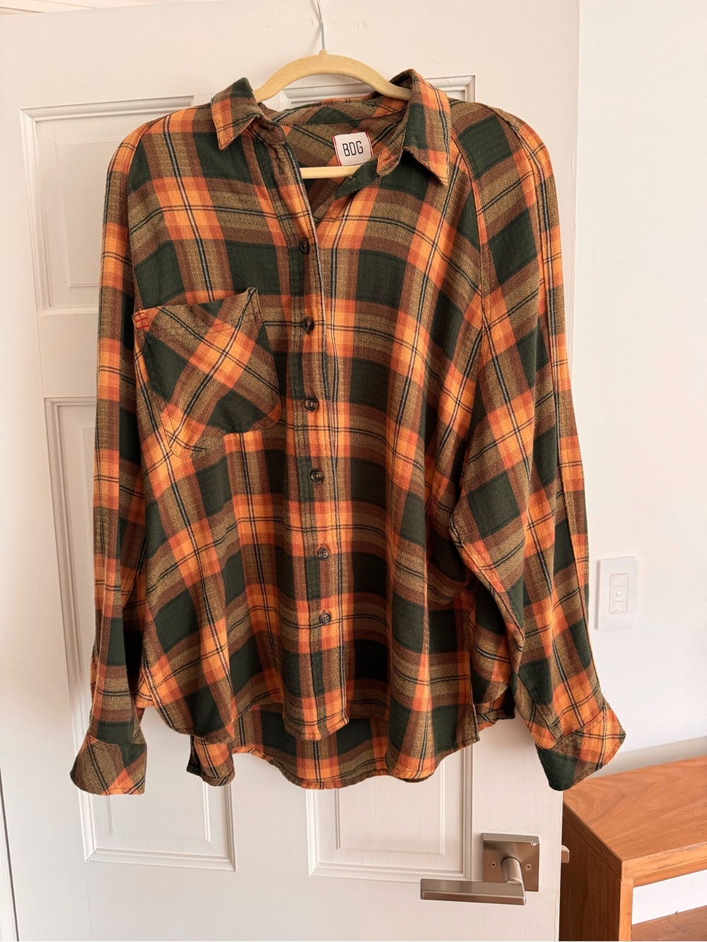 BDG Urban Outfitters Women's Green and Peach Plaid Button-Up Shirt